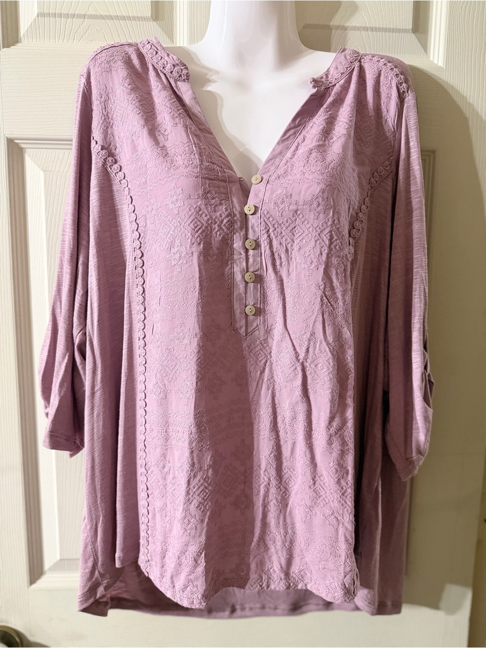 Democracy Dusty Lavender Embroidered Henley Tunic